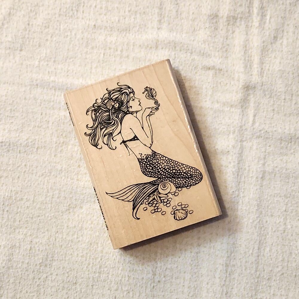 Stampendous Mermaid with Seahorse Wood Mounted Rubber Stamp NEW 19137 Unused